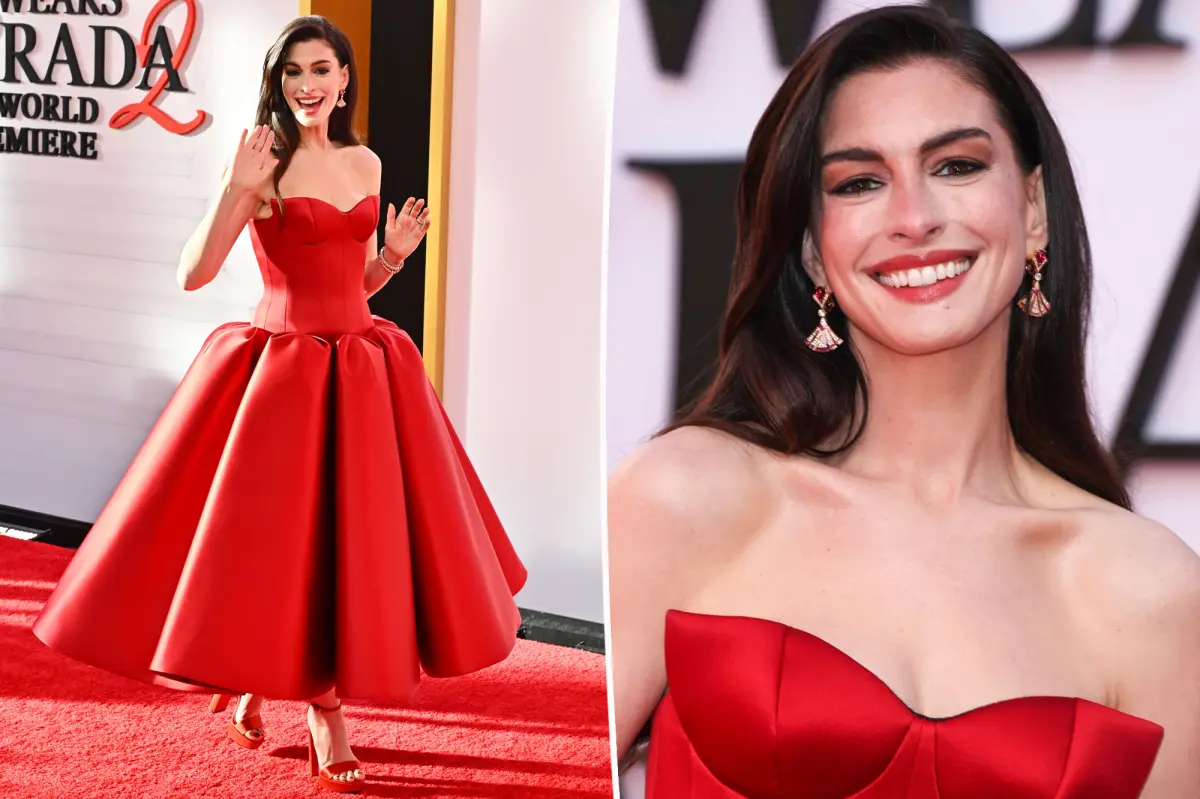 Anne Hathaway is radiant in sculptural red gown at ‘The Devil Wears Prada 2’ premiere