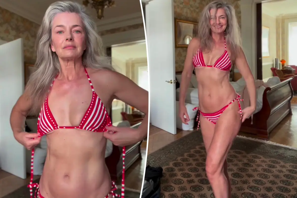 Paulina Porizkova celebrates 61st birthday in teeny striped bikini